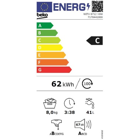 Пералня за вграждане Beko WITV8712X0W, 8 кг, 1400 об/мин, Клас C, LED Дисплей, Бяла