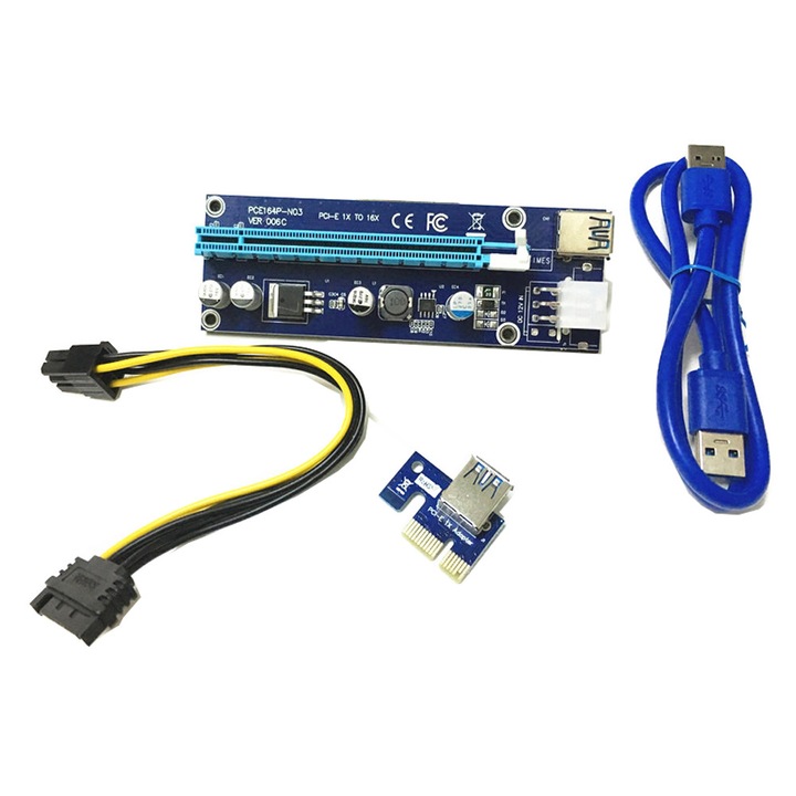 Card Riser за копаене PCIE x1-x16, 006c, PCIE 6pin - SATA кабел, USB3.0 кабел 60см, стабилизатор на напрежението, HOPE R