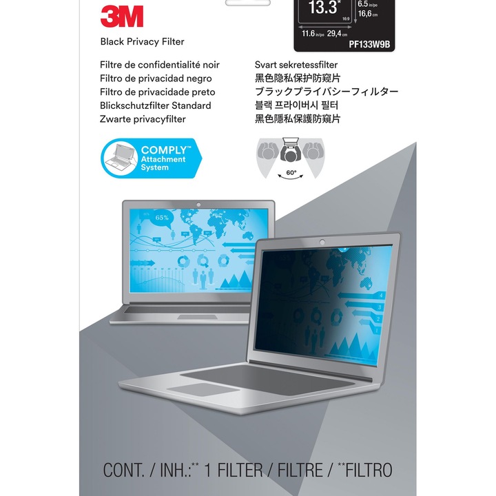 Filtru de confidentialitate 3M 13.3" 16:9 AntiGlare, fara rama, negru