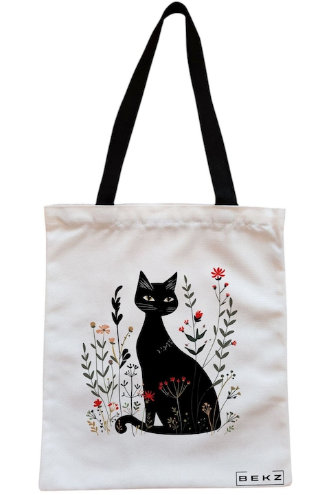 Чанта с цип тип „тоут“, Модел „Котка и цветя“, Текстил, 5, 23x18 см, Бял, BEKZ