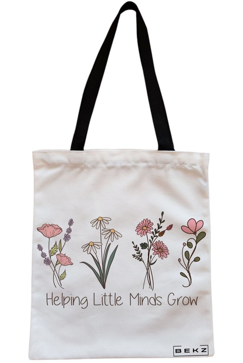 Sacosa Cumparaturi Textila cu Fermoar, Geanta Tote, model Helping Little Minds Grow, 38 x 34.5 cm, Alb, BEKZ®