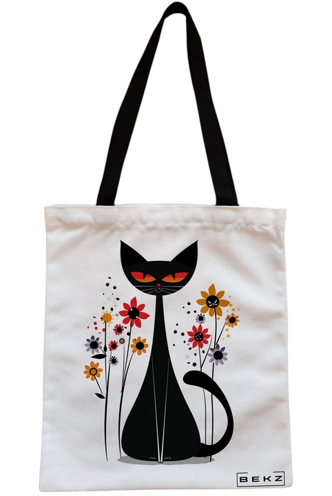 Текстилна чанта с цип, чанта тип „тоут“, модел „Котка и цветя“ 7, 23x18 см, бяла, BEKZ®