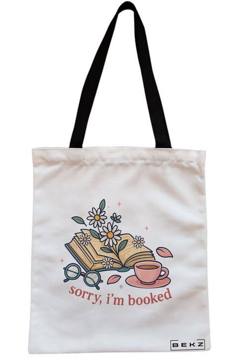 Sacosa Cumparaturi Textila cu Fermoar, Geanta Tote, model Sorry I’m Booked, 38 x 34.5 cm, Alb, BEKZ®