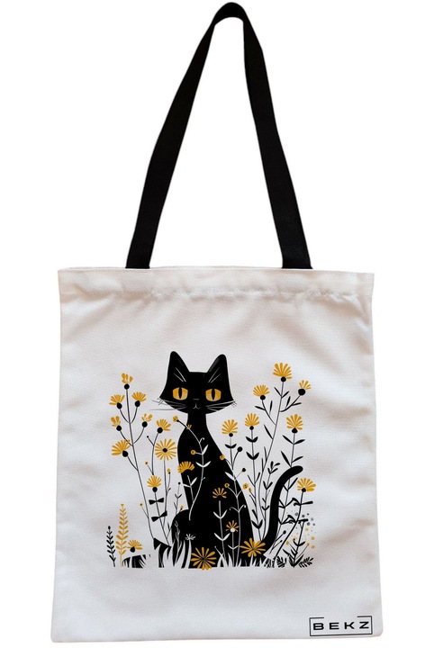 Текстилна чанта с цип, чанта тип „тоут“, модел 12 с котка и цветя, 23x18 см, бяла, BEKZ®