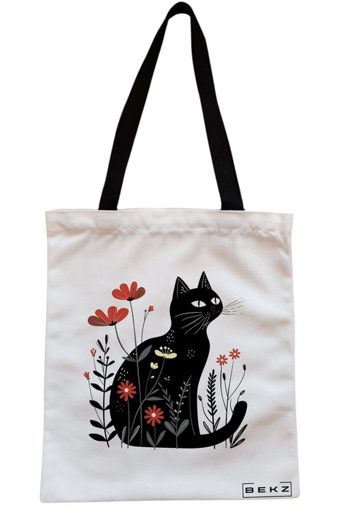 Текстилна чанта с цип BEKZ®, тип „Tote“, модел „Котка и цветя“ 3, 23x18 см, бяла
