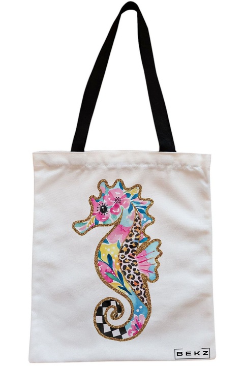 Textil táska cipzárral, bevásárlótáska, virágmintás csikóhal, 23x18 cm, fehér, BEKZ®