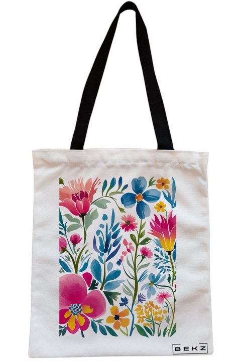 Textiltáska cipzárral, bevásárlótáska, virágmintás akvarellek 1 modell, 23x18 cm, fehér, BEKZ®