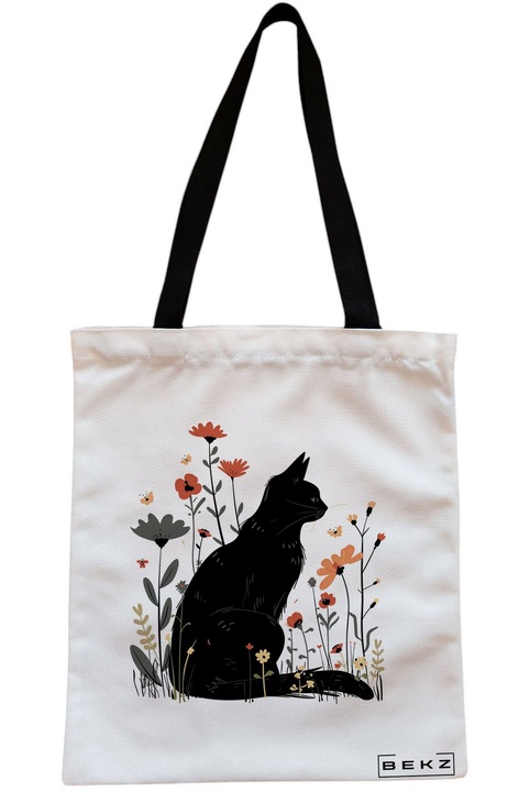 Текстилна чанта с цип, чанта тип „тоут“, модел „Котка и цветя“ 6, 23x18 см, бяла, BEKZ®