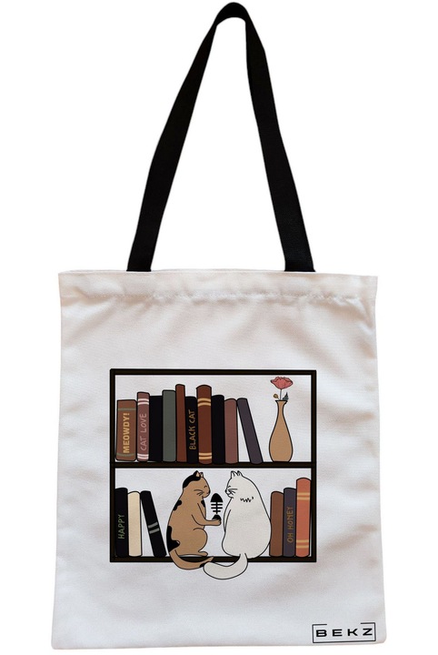 Sacosa Cumparaturi Textila cu Fermoar, Geanta Tote, model Cat Booky Life 2, 38 x 34.5 cm, Alb, BEKZ®