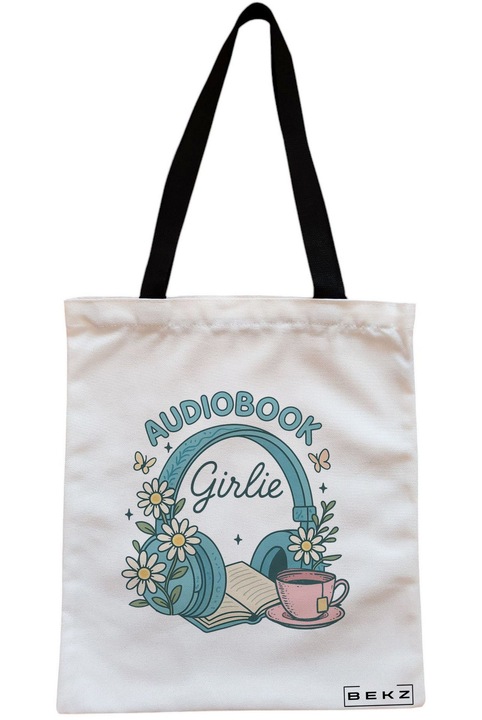 Textil táska cipzárral, bevásárlótáska, hangoskönyv rajongóknak, 23x18 cm, fehér, BEKZ®