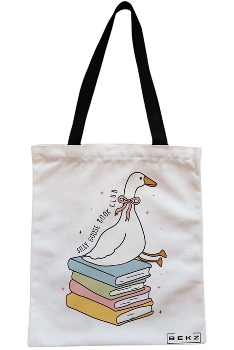 Sacosa Cumparaturi Textila cu Fermoar, Geanta Tote, model Silly Goose 9, 38 x 34.5 cm, Alb, BEKZ®