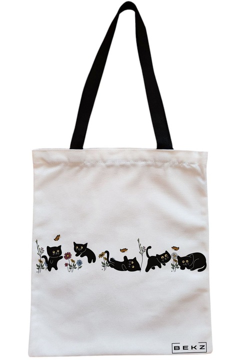 Sacosa Cumparaturi Textila cu Fermoar, Geanta Tote, model Cat and Flowers 13, 38 x 34.5 cm, Alb, BEKZ®