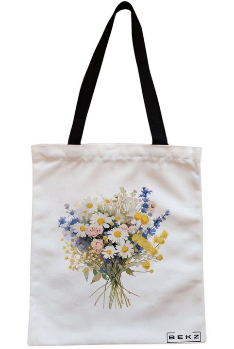 Textiltáska cipzárral, bevásárlótáska, virágcsokor 6 modell, 23x18 cm, fehér, BEKZ®