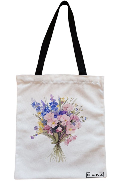 Текстилна чанта с цип, чанта тип „тоут“, модел „букет от цветя“ 7, 23x18 см, бяла, BEKZ®