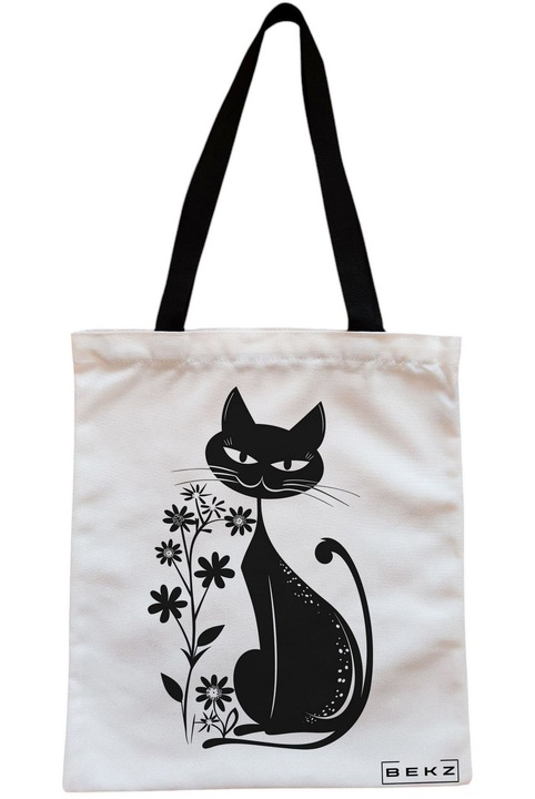 Текстилна чанта с цип, чанта тип „тоут“, модел „Котка и цветя“ 9, 23x18 см, бяла, BEKZ®