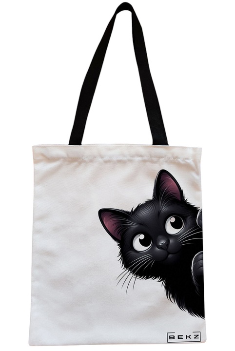 Textiltáska cipzárral, bevásárlótáska, Kíváncsi Macska modell, 23x18 cm, Fehér, BEKZ®