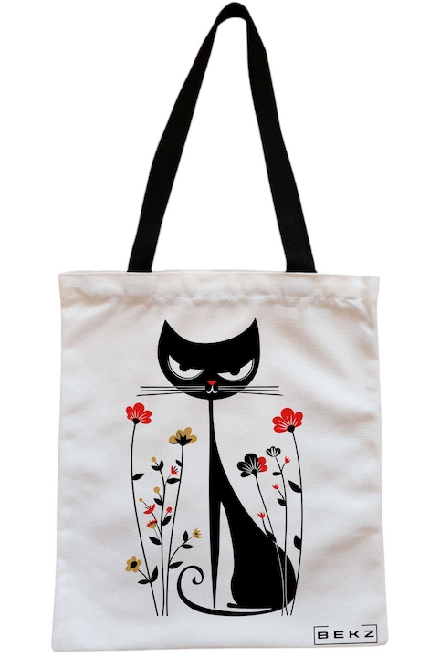 Чанта с цип тип „тоут“, Модел „Котка и цветя“, Текстил, 2, 23x18 см, Бял, BEKZ