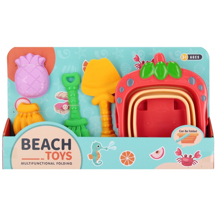 Set jucarii pentru nisip, wiaderko pliabil, 2 lopatele, 2 forme, multicolor, 25x18x20cm