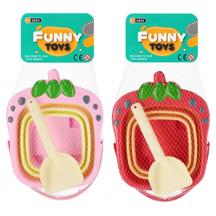 Set jucarii pentru nisip, wiaderko pliabil cu lopata, rosu si roz, 25x18x20cm