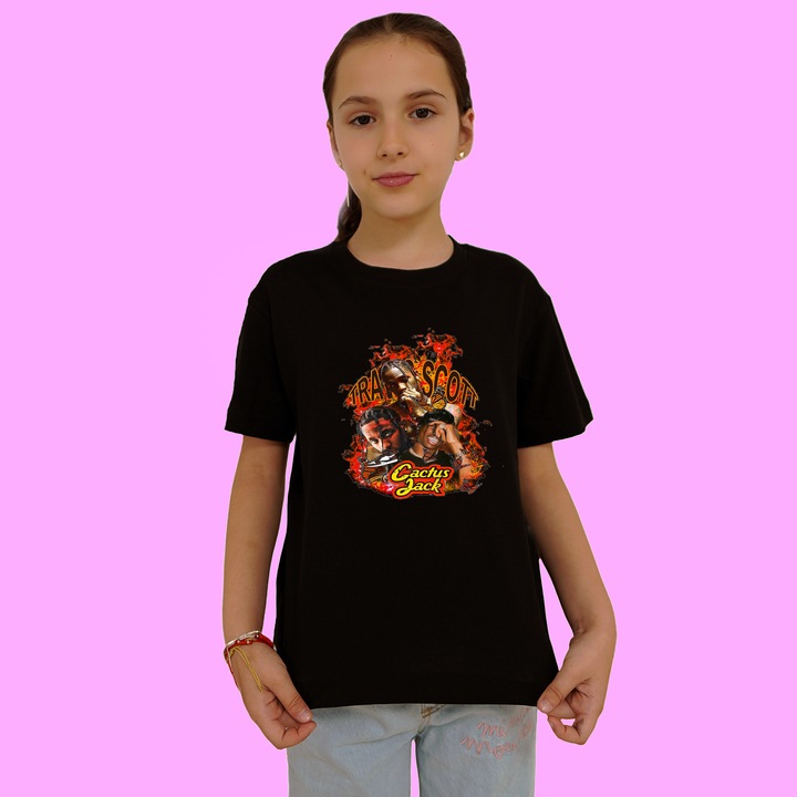 Tricou copii artist trupa Travis Scott - Cactus Jack Flames, Negru