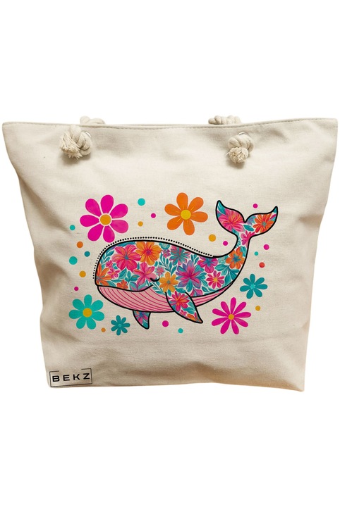 Дамска платнена чанта, модел с рибено цвете, 40x51 см, кремава, BEKZ®
