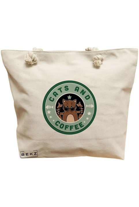 Платнена чанта за жени, модел „Котки и кафе“, 40x51 см, кремава, BEKZ®