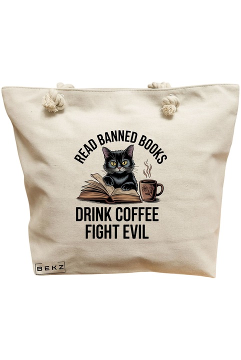 Платнена чанта за жени, модел „Четене на забранени книги“, 40x51 см, кремава, BEKZ®