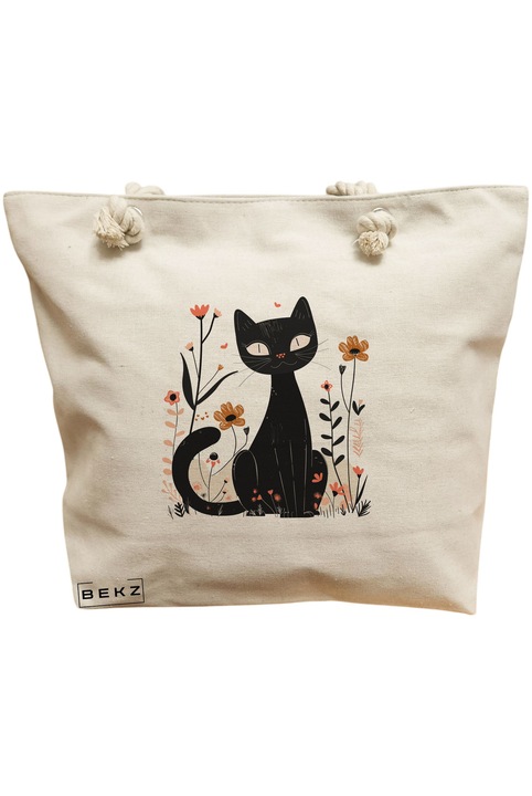 Платнена чанта за жени, модел „Котка и цветя“, 10, 40x51 см, кремава, BEKZ®