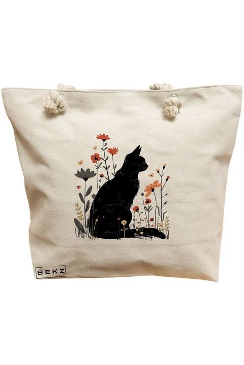 Платнена чанта за жени, модел „Котка и цветя“, 6 модела, 40x51 см, кремава, BEKZ®