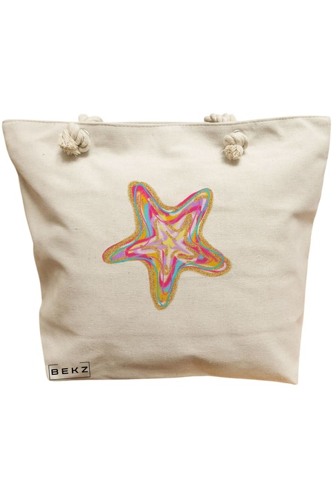 Дамска платнена чанта, модел с брокатени звезди, 40x51 см, кремава, BEKZ®