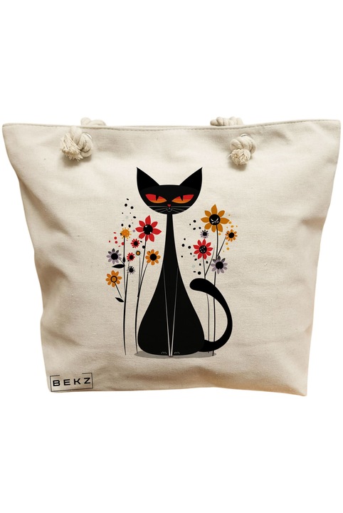 Платнена чанта за жени, модел „Котка и цветя“, 7, 40x51 см, кремава, BEKZ®