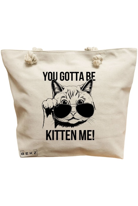Платнена чанта за жени, модел You Gotta Be Kitten me, 40x51 см, кремава, BEKZ®
