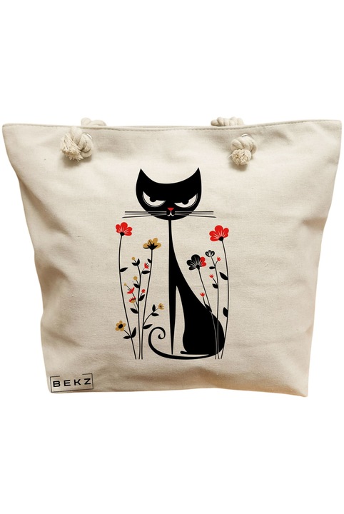 Платнена чанта за жени, Котка и цветя 2 модела, 40x51 см, Кремава, BEKZ®
