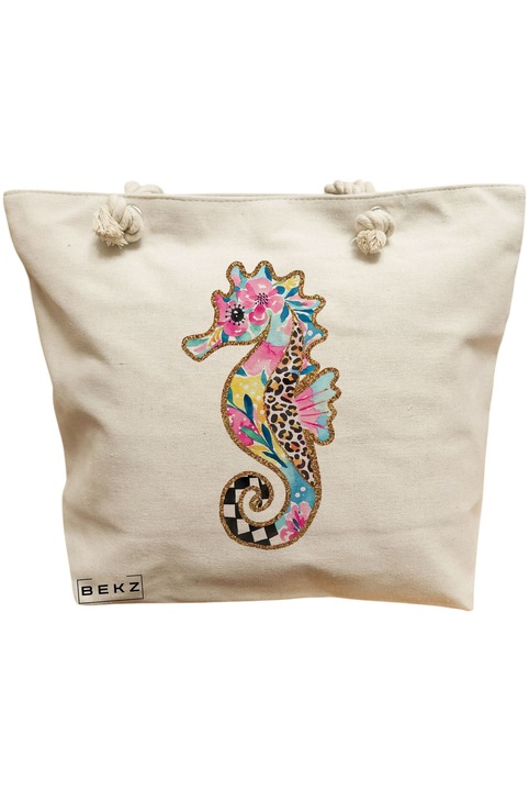 Дамска платнена чанта, флорален мотив на морско конче, 40x51 см, кремава, BEKZ®