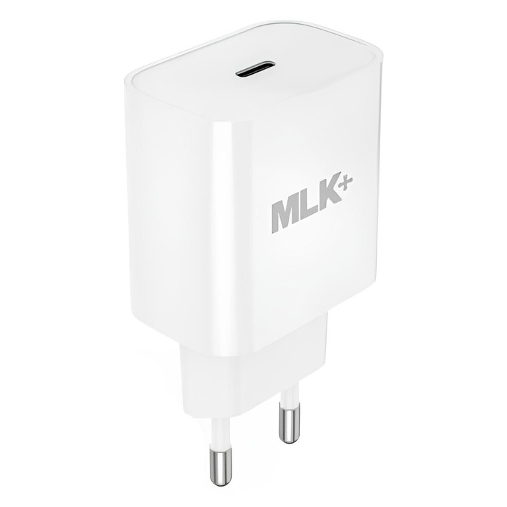 Incarcator Retea Fast Charger MLK+, USB-C, Incarcare Rapida 20W, Compatibil cu iPhone, Samsung, Huawei, Xiaomi, Oppo, Honor, Alb