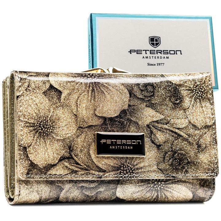 Portofel De Dama, Peterson, Model Floral, Piele Naturala/Piele Ecologica, 9x14x3 cm, Lacuit, Protectie RFID, 14 Locuri Pentru Carduri, Inchidere Cu Capse Si Clips, Auriu