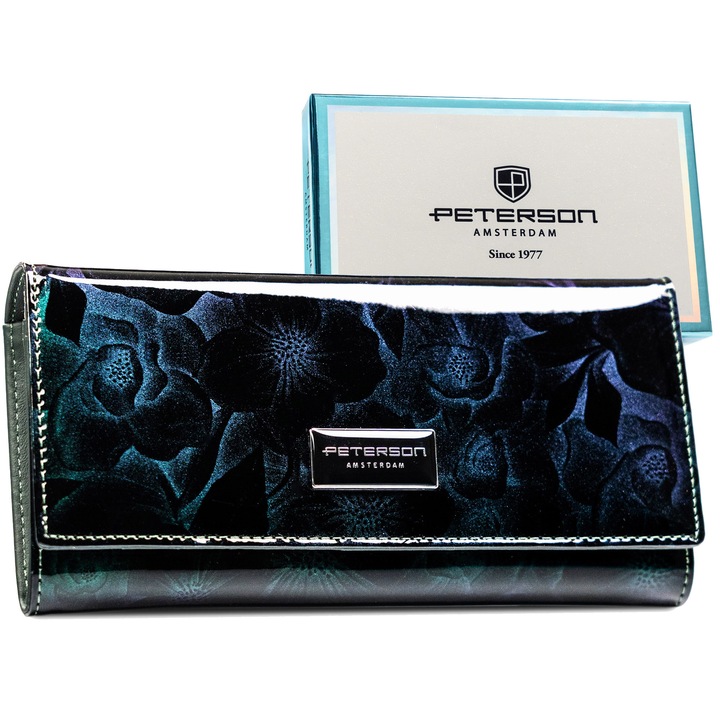 Portofel Dama, Peterson, Model Floral, Piele Naturala/Piele Ecologica, dwqf9.5x18.5x3, Lacuit, Protectie RFID, Pentru 9 Locuri Pentru Carduri, Verde, 10 x 18.5 x 2.5 cm