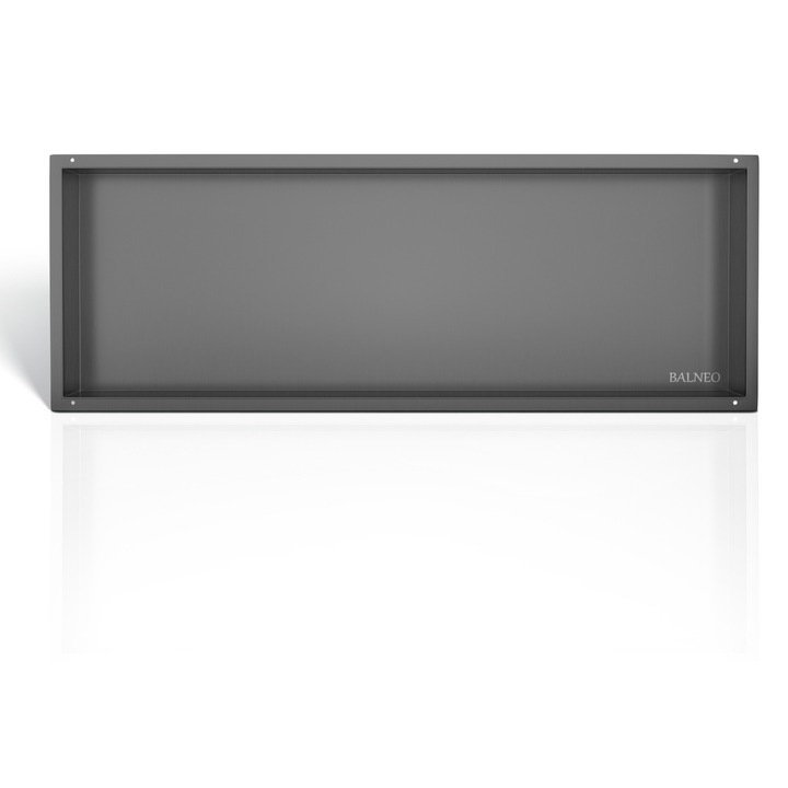Raft incastrat, Balneo, WALL-BOX No Rim, 90x30x10 cm, Gun Metal, incastrata fara rama, otel inoxidabil AISI 304, pentru instalare sub faianta, fara retinere de apa, nu ocupa spatiu, nu se corodeaza, design modern