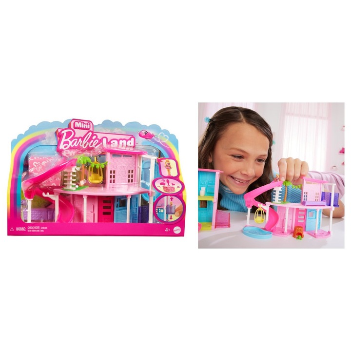 Barbie babaház szett, mini BarbieLand, lifttel és úszómedencével, 3,5 cm, többszínű