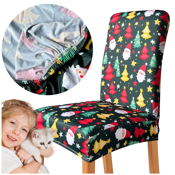 Husa scaun verde sarbatoresc cu model Mos Craciun, Meble OdNowa, material elastic, rezistent la apa, dimensiuni standard