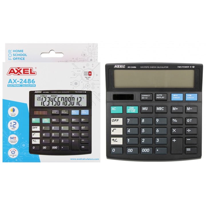 Настолен калкулатор AXEL AX-2486, черен, 12 цифри, размери 13x2x14см, комплект от 100 бр.