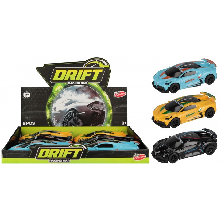 Състезателна кола за дрифт, 16 см, черно/синьо/жълто, комплект от 6 части