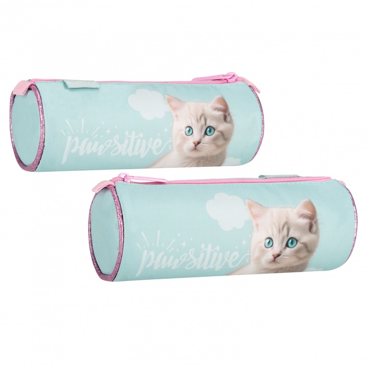 Penare tuba Cuties Kitty, 8x22x8cm, material rezistent, inchidere cu fermoar, set 12 bucati