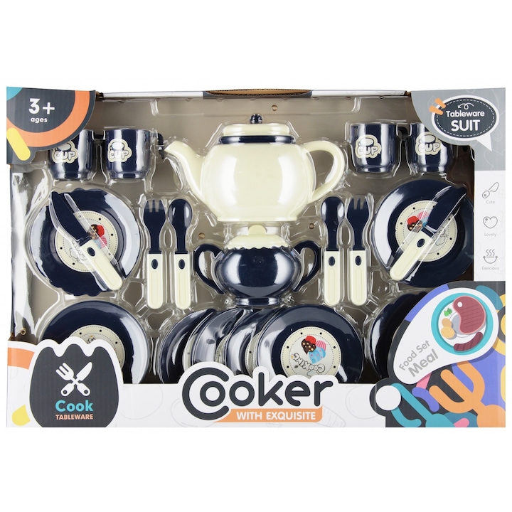 Set de vase de bucatarie pentru copii, 7 farfurii, 4 cani, 1 ceainic pentru ceai, 1 ceainic pentru cafea, 2 seturi de tacamuri, multicolor, 47x32x9cm