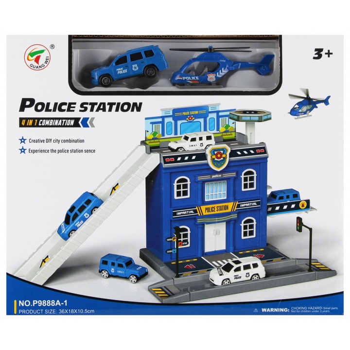 Set parcare politieneasca cu masina si elicopter, 17x23x18cm, pentru copii 3+