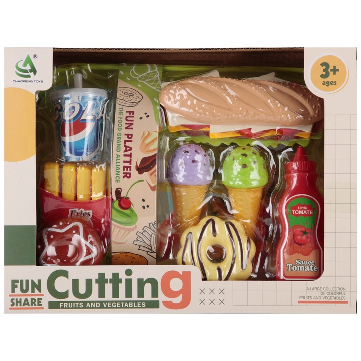 Set bucatarie copii, 1 tava, 1 sandvis, 1 portie de cartofi prajiti, 1 bautura, 1 ketchup, 1 cola, 2 inghetate, 2 biscuiti, 26x20x8cm, multicolor