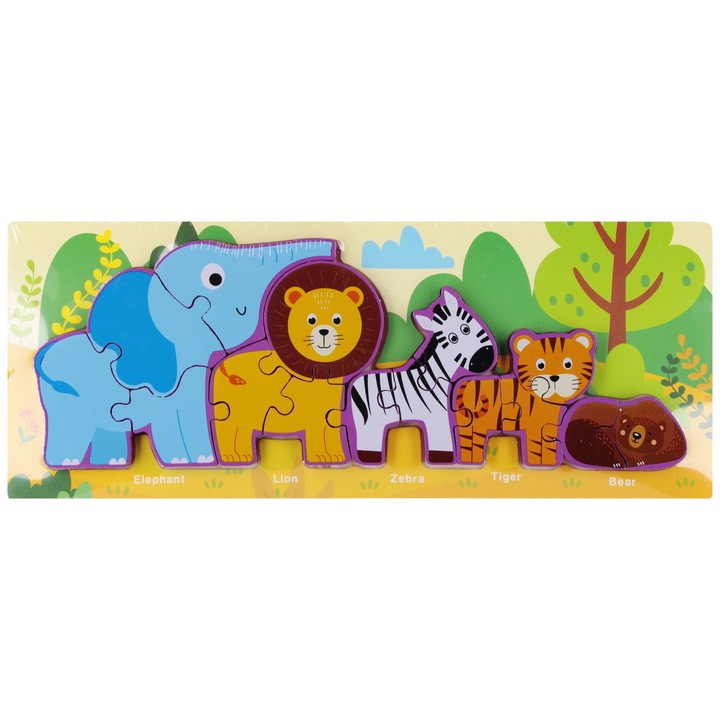 Puzzle lemn animale, 38x15x1cm, multicolor