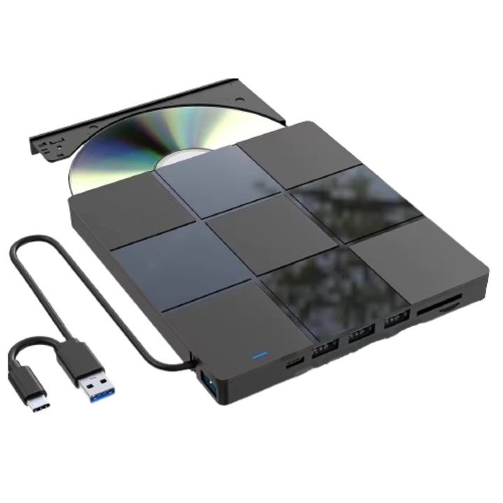 Unitate optica externa Tradebit, DVD/CD, 4xUSB, 1xUSB-C, cititor SD/TF, compacta
