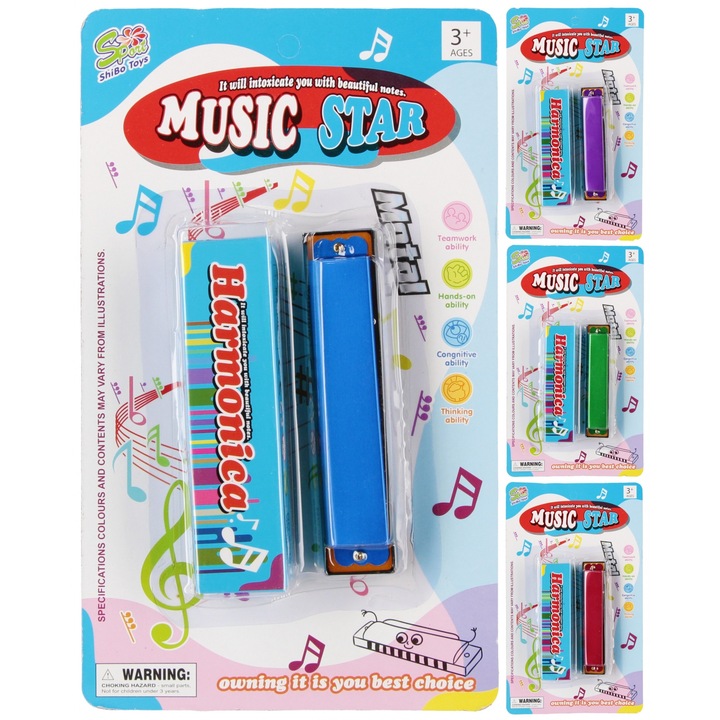 Harmonika de jucarie, MEGA CREATIVE, 4 culori, 13x3x3cm, pentru copii 3+