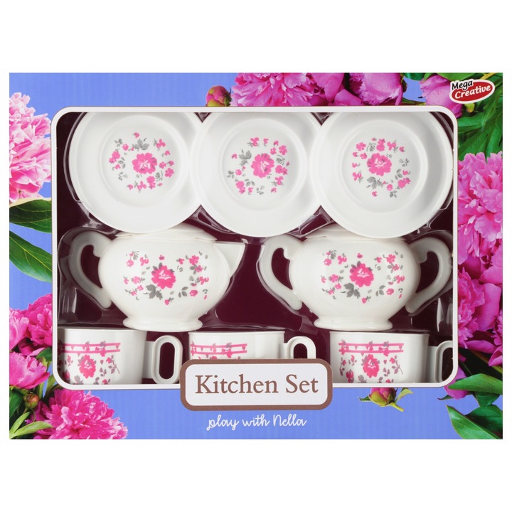 Set bucatarie copii, Nella New, 3 cani, 3 farfurii, 2 ceainice, 30x23x8cm